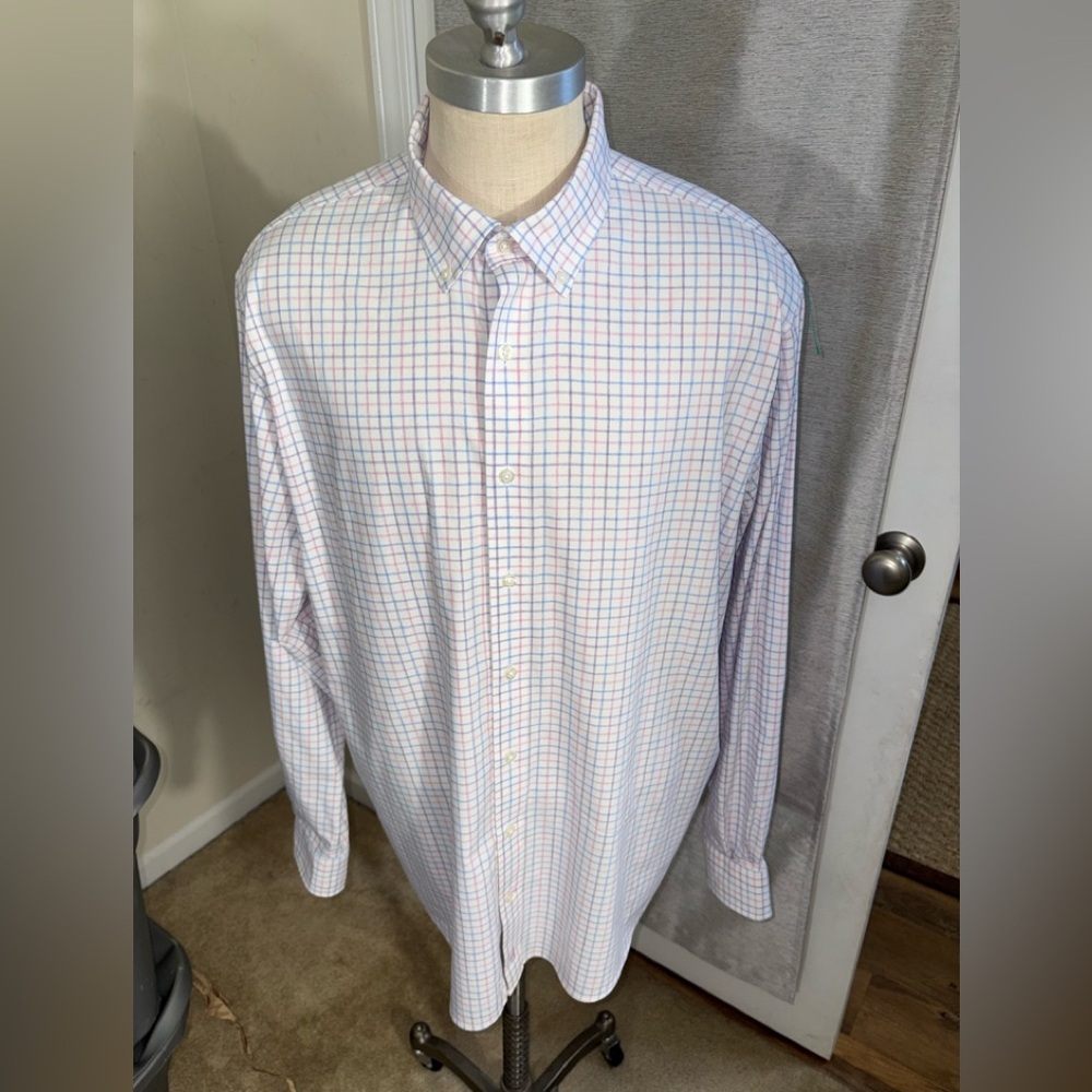 johnnie-O White Button-Down Shirt with Pink and Blue Grid